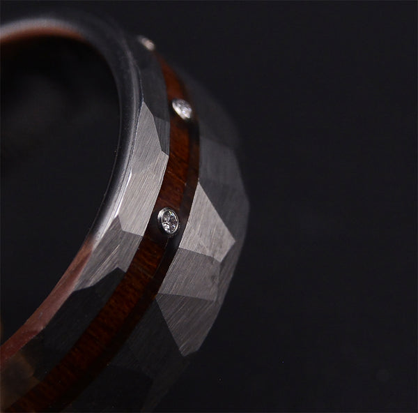 Onyx Timber Diamond Tungsten Rings with Koa Wood Inlay & Hammered Texture