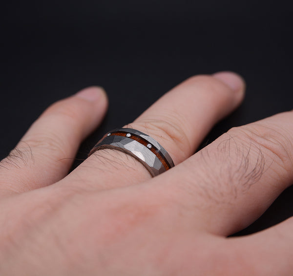 Onyx Timber Diamond Tungsten Rings with Koa Wood Inlay & Hammered Texture