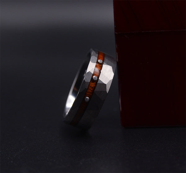 Onyx Timber Diamond Tungsten Rings with Koa Wood Inlay & Hammered Texture