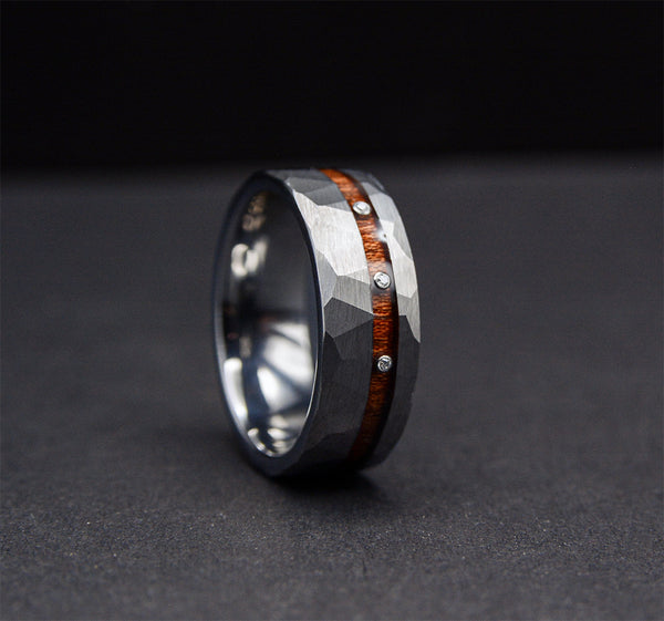 Onyx Timber Diamond Tungsten Rings with Koa Wood Inlay & Hammered Texture