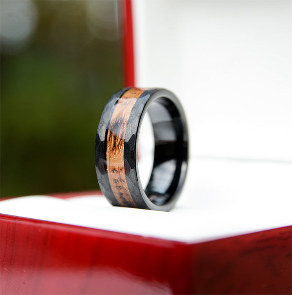 Classic Dark Tungsten Rings with Wood Inlay and Hammered Texture