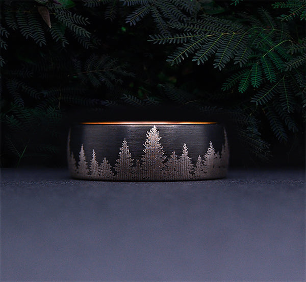 Lasered Forest Landscape Tungsten Ring Men's Dark Wedding Band with Olive Wood Sleeve