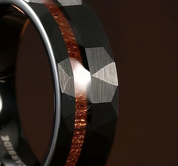 Hammered Texture Dark Tungsten Rings with Wood Inlay