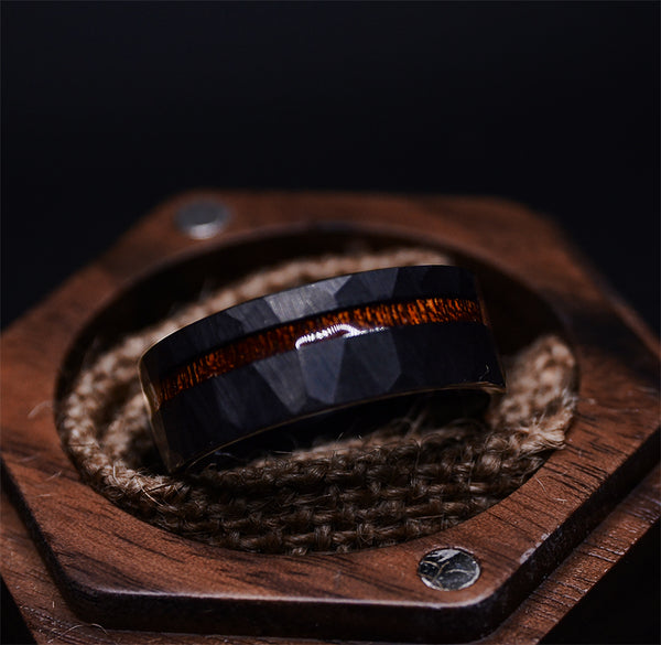 Hammered Texture Dark Tungsten Rings with Wood Inlay