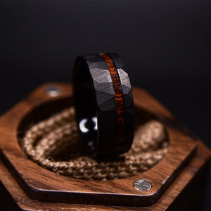 Wedding Rings for Men: Dark Tungsten Wedding Band With Koa Wood Inlay and Hammered Texture, Mens Wedding Rings, Wooden Rings, Hammered Rings