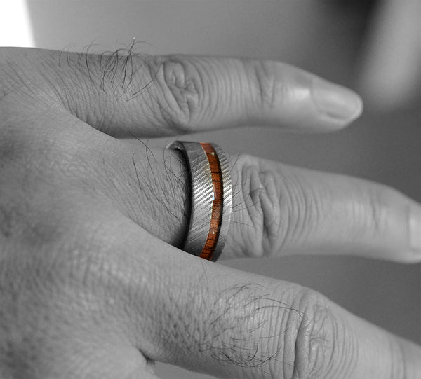 TimberForge Men's Wedding Band with Koa Wood Inlay and Damascus Steel