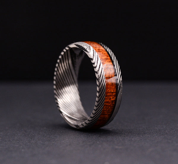 8mm Mens Wedding Band with Koa Wood Inlay and Damascus Steel Pattern Ring | Urban Designer