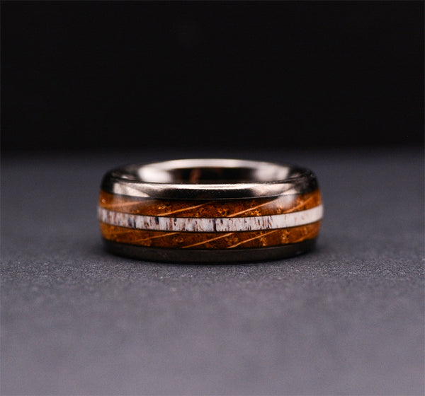 Gunmetal Gray Tungsten Rings For Men Whiskey Barrel Wood & Elk Antler Inlay