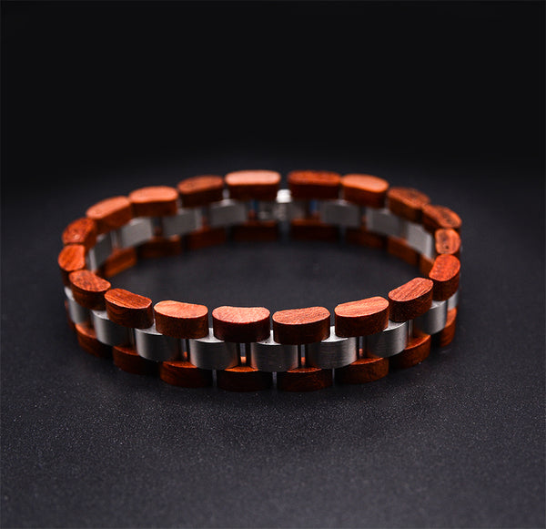 Stylish Mens Wooden Bracelet: Cherry Wood & Stainless Steel Combined Bangle