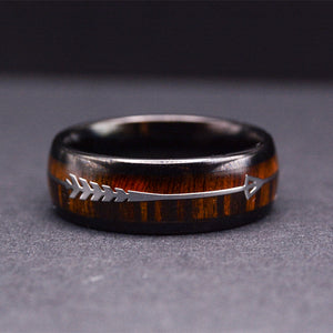 Mens Wedding Band: Black Tungsten Ring With Wood Inlay and Sleek Silver Feathered Arrow | Urban Designer 