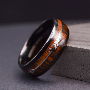 Mens Wedding Band: Black Tungsten Ring With Wood Inlay and Sleek Silver Feathered Arrow | Urban Designer 