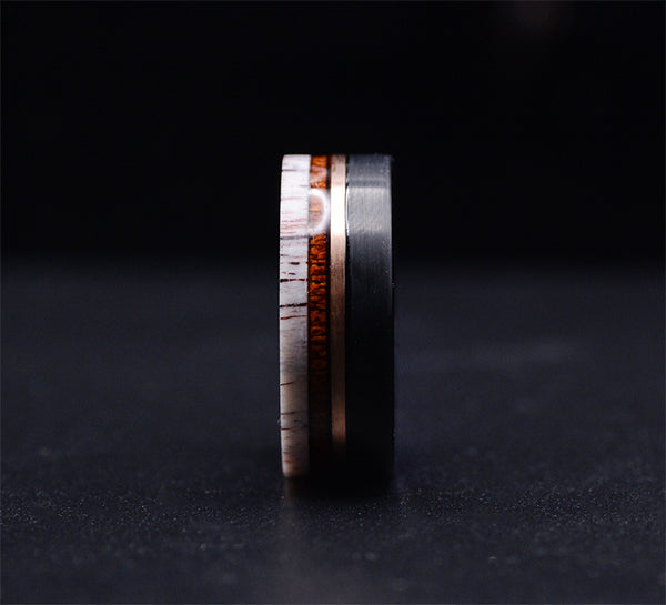Sophisticated Men's Tungsten Ring with Rose Gold Stripe and Koa Wood Inlay