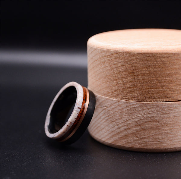 Sophisticated Men's Tungsten Ring with Rose Gold Stripe and Koa Wood Inlay