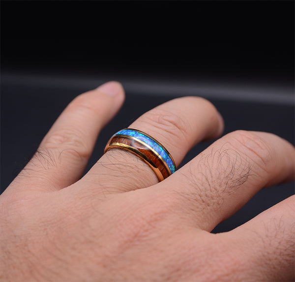 8mm Rose Gold Tungsten Opal Ring With Koa Wood Inlay