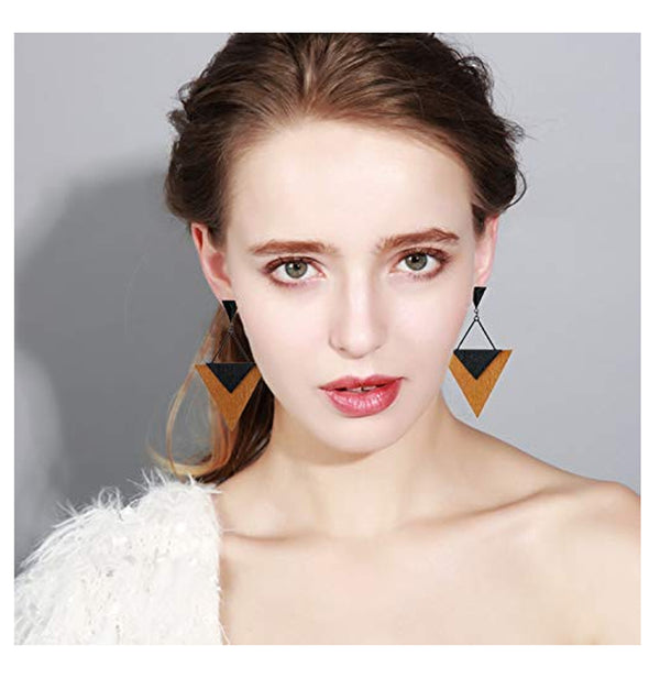 Wooden Earrings for Women - Big Triangle Geometric Wood Drop Dangle Hook Earrings