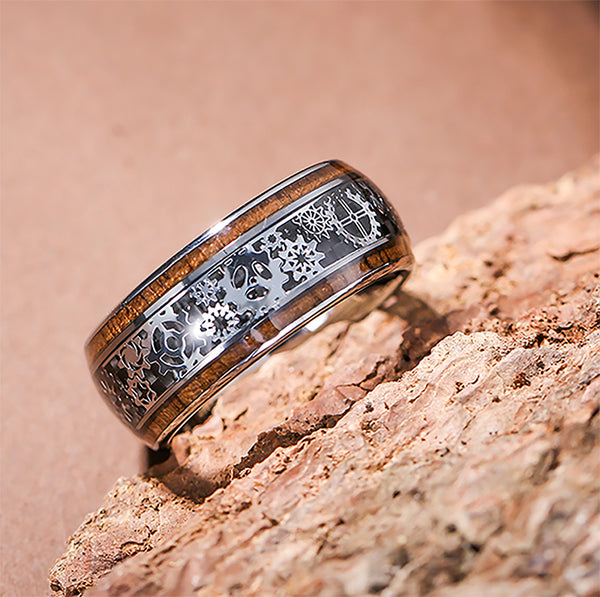 Steampunk Gear Wheel Tungsten Ring With Koa Wood Inlay