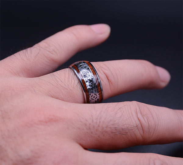 Steampunk Gear Wheel Tungsten Ring With Koa Wood Inlay