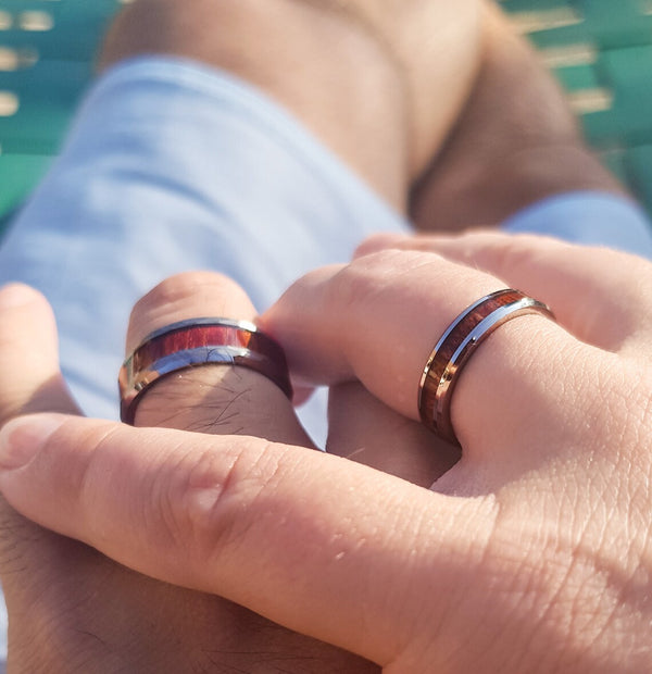 Masculine Charm: Tungsten Rings for Men with Koa Wood Inlay – Distinctive Wooden Bands