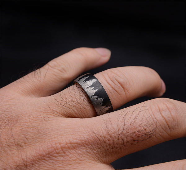 Lasered Forest Landscape Tungsten Ring Men's Dark Wedding Band with Olive Wood Sleeve