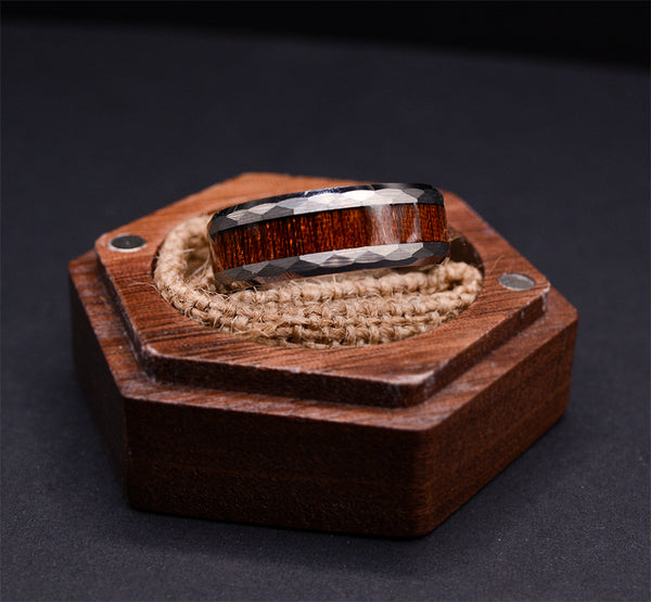 Mens Tungsten Rings with Wood Inlay and Hammered Texture
