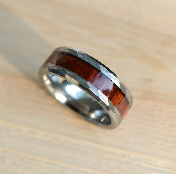 Mens Tungsten Rings with Wood Inlay and Hammered Texture