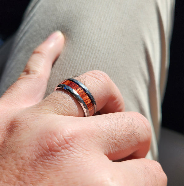Mens Tungsten Rings with Wood Inlay and Hammered Texture