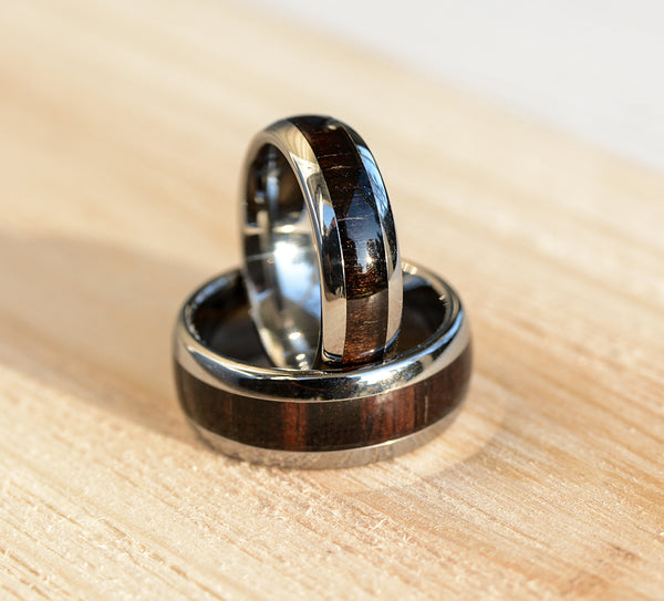 Harmony in Love: His and Hers Tungsten Wedding Band Set with Purple Heart Wood Inlay