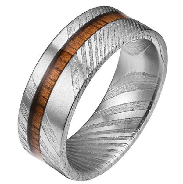 TimberForge Men's Wedding Band with Koa Wood Inlay and Damascus Steel