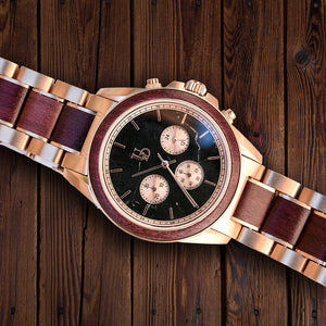 Rose Heart Chronograph Wood Watch For Men Red Wood Band with Rose Metal Combined
