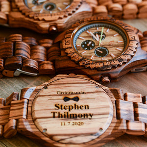 Groomsman Gifts - Engraved Multi Function Chronograph Zebra Round Wooden Watch For Groomsmen