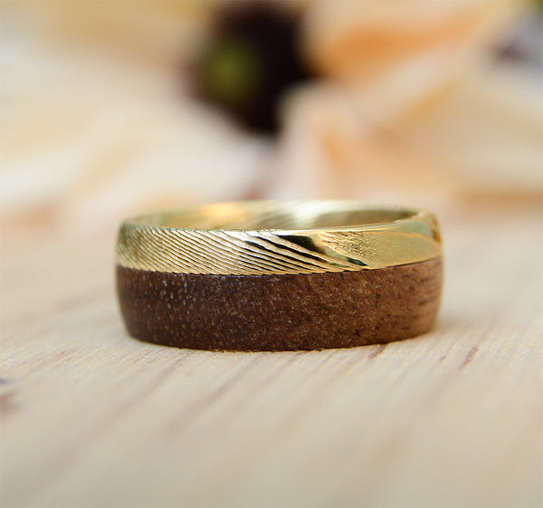 Avo 8mm Wedding Band Damascus Steel & Bubinga Wood Inlay Design