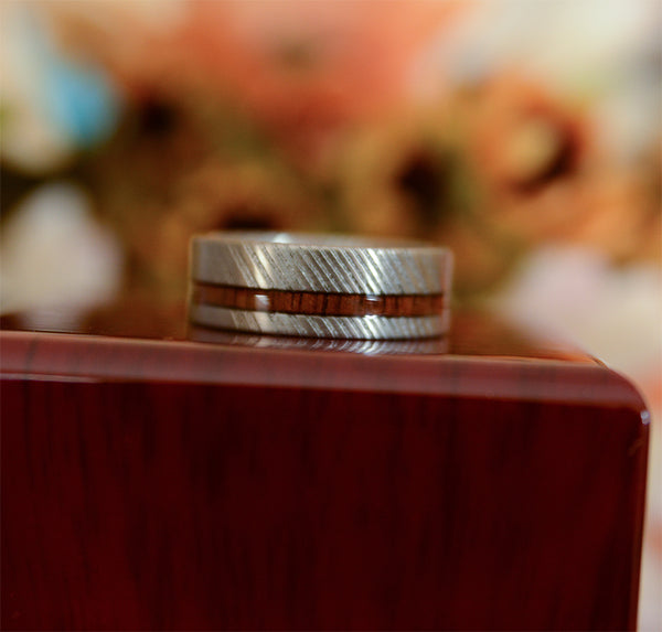 TimberForge Men's Wedding Band with Koa Wood Inlay and Damascus Steel
