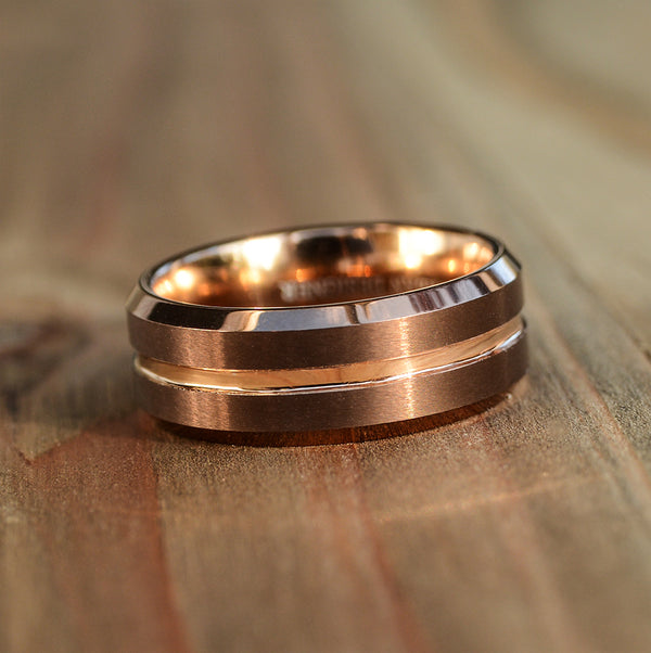 Match His and Hers Coffee & Rose Gold Tungsten Bands-Wedding Band Set