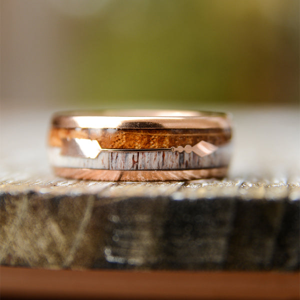 Men's Tungsten Ring With Antler And Koa Wood Inlay Sleek Feathered Arrow