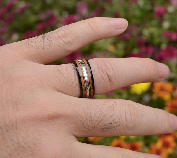 Abalone Shell and Wood Inlay Black Tungsten Wood Ring