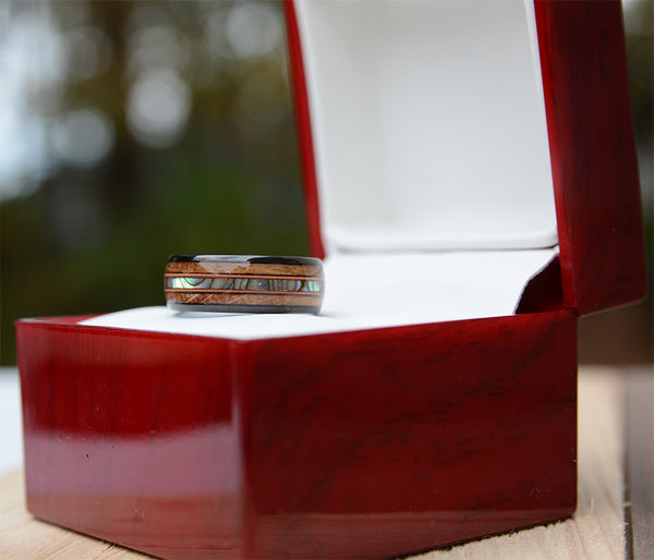 Abalone Shell and Wood Inlay Black Tungsten Wood Ring