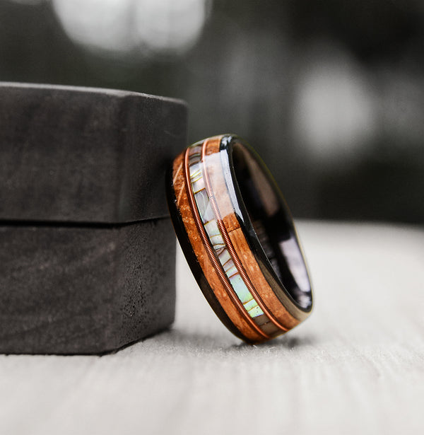 Abalone Shell and Wood Inlay Black Tungsten Wood Ring