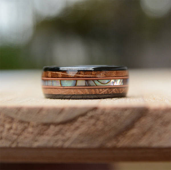 Abalone Shell and Wood Inlay Black Tungsten Wood Ring