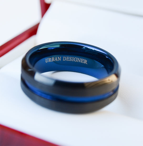 Eternal Commitment: Dark Tungsten Wedding Ring Sets Enhanced with Striking Blue Accents