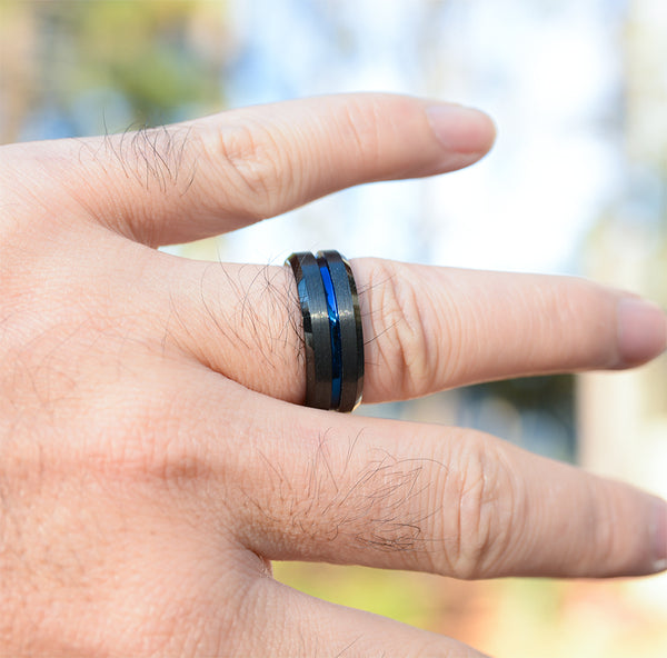Eternal Commitment: Dark Tungsten Wedding Ring Sets Enhanced with Striking Blue Accents