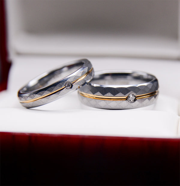 Diamond Tungsten Wedding  Band Set With Hammered Texture