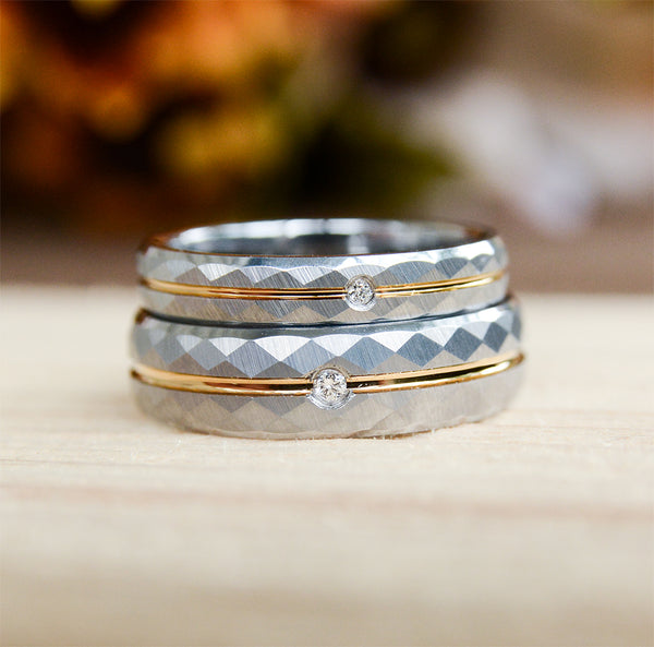 Diamond Tungsten Wedding  Band Set With Hammered Texture