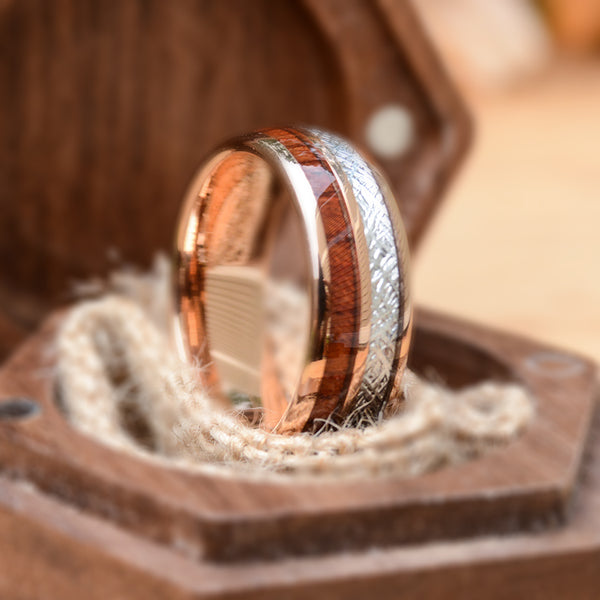 Rose Gold Tungsten Ring With Meteorite And Wood 8mm