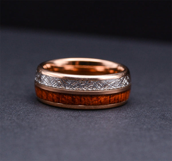 Rose Gold Tungsten Ring With Meteorite And Wood 8mm