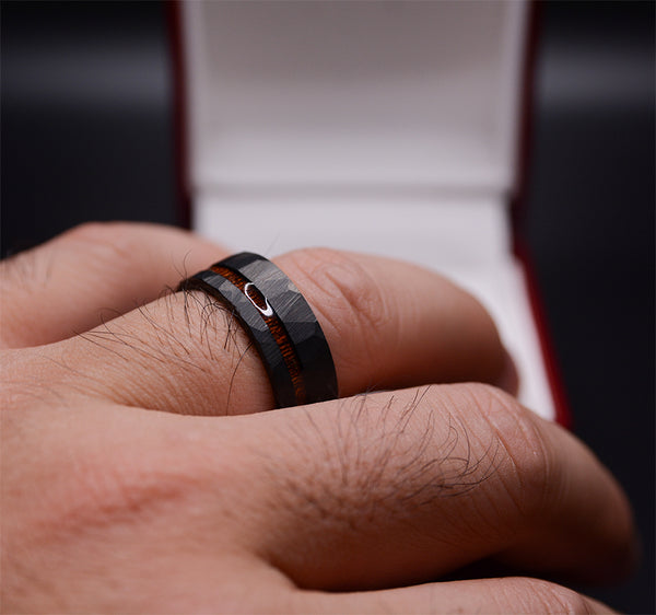 Hammered Texture Dark Tungsten Rings with Wood Inlay