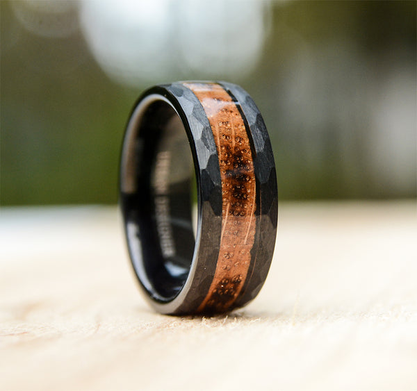 Wooden Wedding Rings Mens Tungsten Rings with Wood Inlay and Hammered Texture | Urban Designer