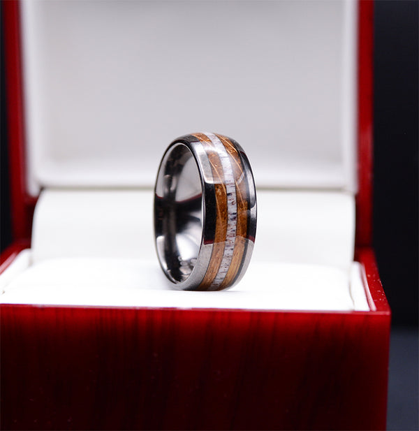 Gunmetal Gray Tungsten Rings For Men Whiskey Barrel Wood & Elk Antler Inlay