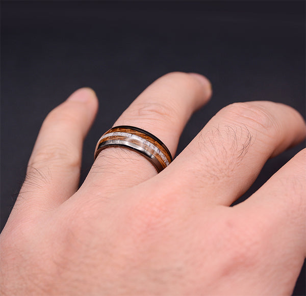 Gunmetal Gray Tungsten Rings For Men Whiskey Barrel Wood & Elk Antler Inlay