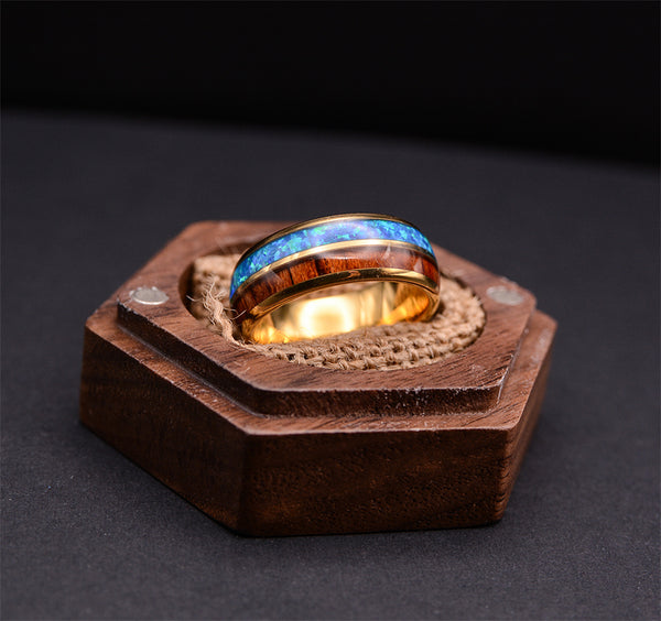 8mm Rose Gold Tungsten Opal Ring With Koa Wood Inlay