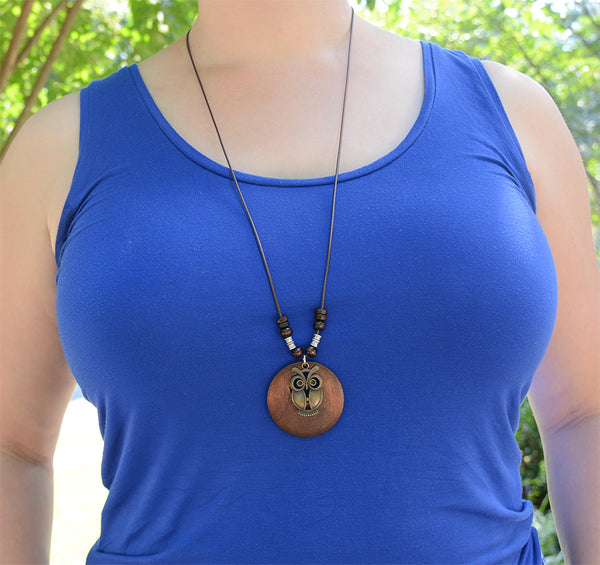 Wooden Pendant Necklace with Owl Charm Long Wax Rope Chain